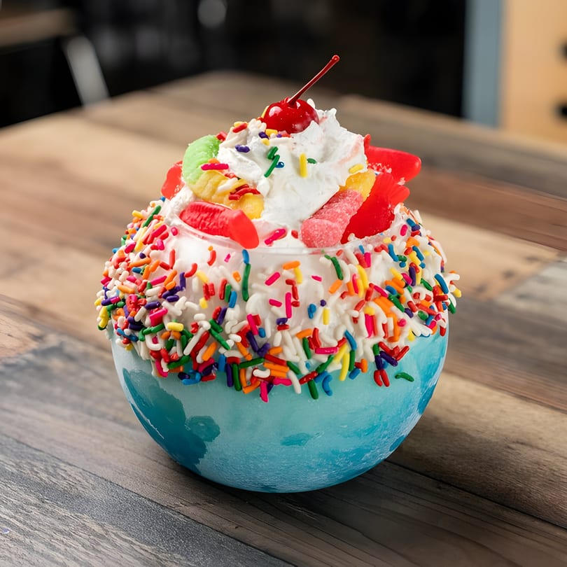 A Krustaceans Seafood dessert, a blue bowl with whipped cream, sprinkles, gummy candies, and a cherry.