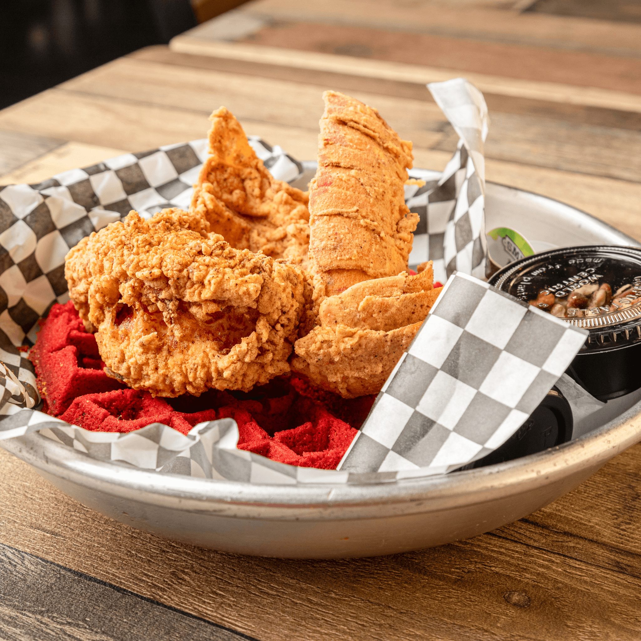 Fried Lobster Tail & Red Velvet Waffle.