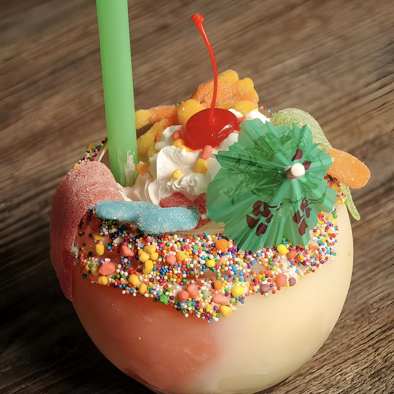 A colorful Krustaceans Seafood milkshake with whipped cream, candy, sprinkles, a cherry, and a green straw.